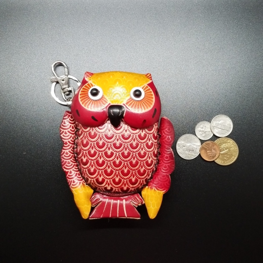 Leather Coin Purse Red Owl